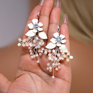Swarovski Crystals Floral Showering Petals Bridal Earrings, Long Bridal Jewelry Bridal Earrings Clip On Earrings, Statement Earrings.